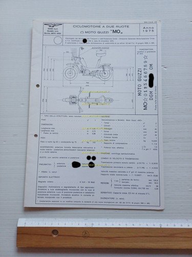 Moto Guzzi Benelli Motorella 50 1975 Facsimile originale scheda omologazione …