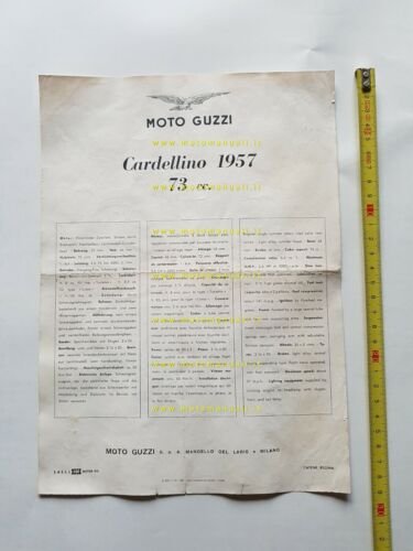 MOTO GUZZI Cardellino 73 1957 depliant originale ENGLISH FRENCH DEUTSCH