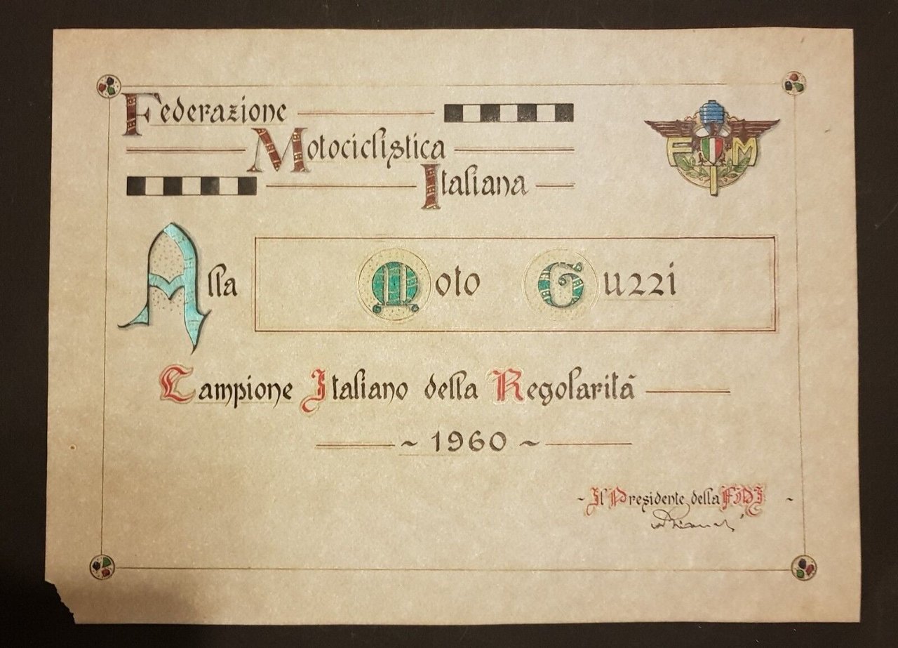 Moto Guzzi Diploma originale Campione Italiano regolarit 1960 poster manifesto
