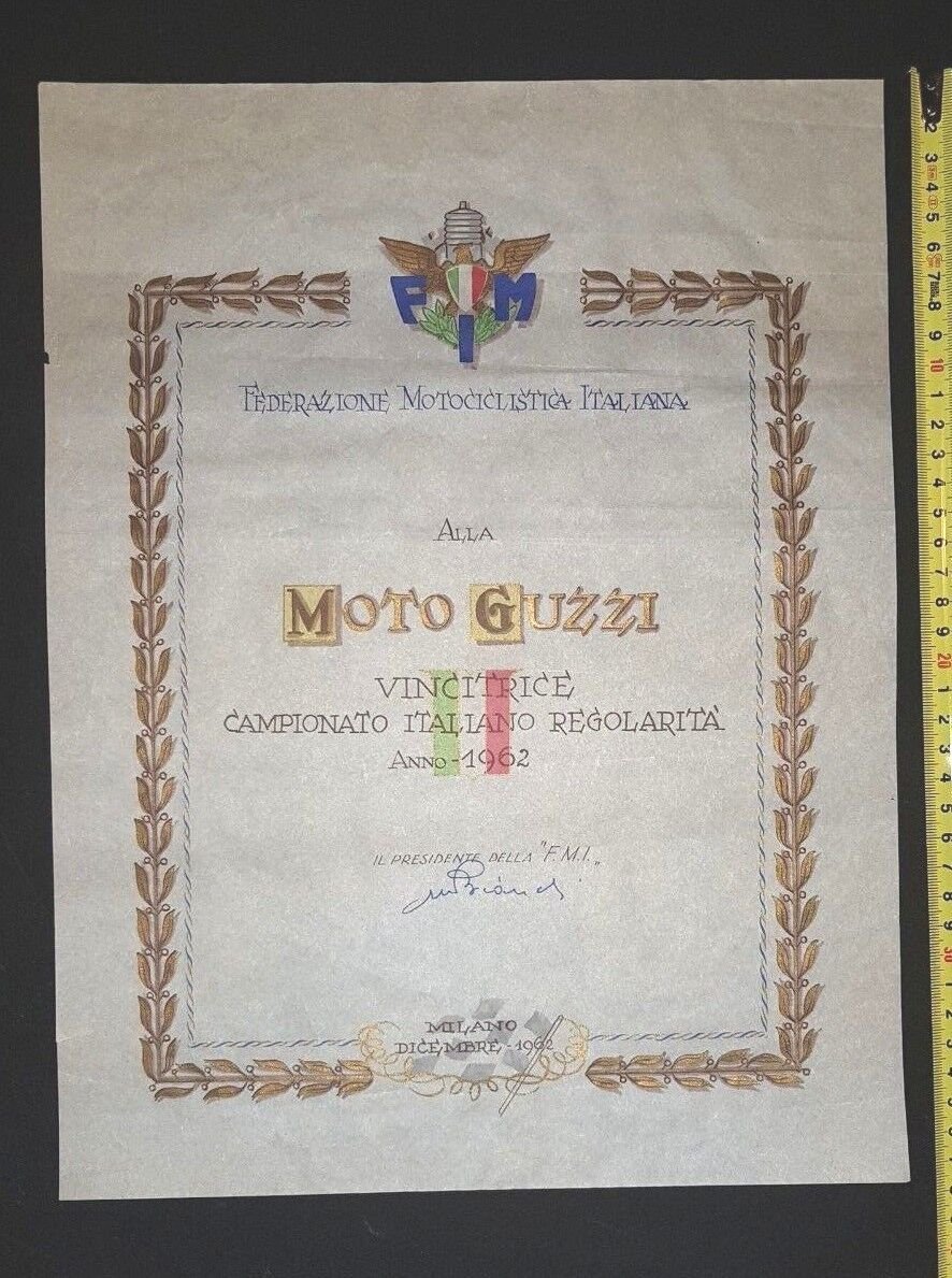 Moto Guzzi Diploma originale Campione Italiano regolarit 1962 poster manifesto