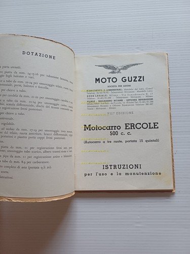Moto Guzzi Ercole 500 1953 manuale uso manutenzione libretto italiano …