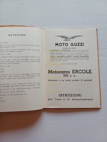 Moto Guzzi Ercole 500 1953 manuale uso manutenzione libretto italiano …
