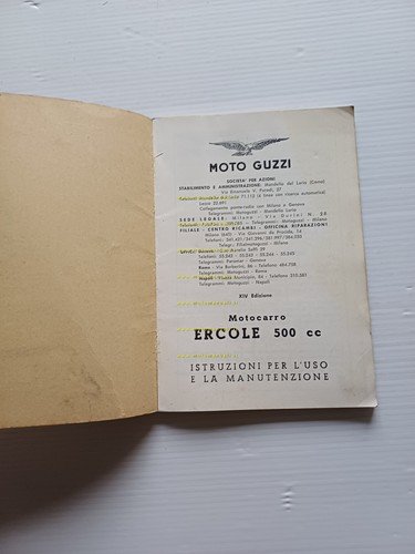 Moto Guzzi Ercole 500 1960 motocarro manuale uso manutenzione italiano …