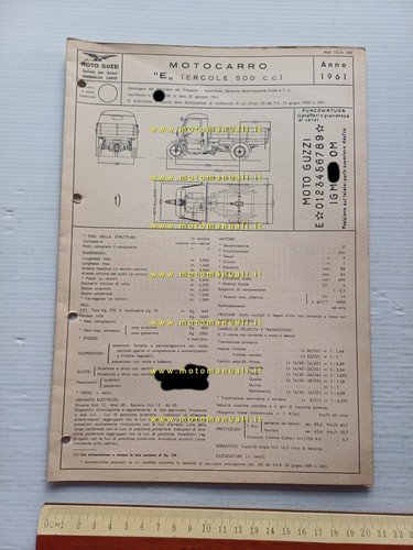 Moto Guzzi Ercole 500 1961 Facsimile originale scheda omologazione DGM