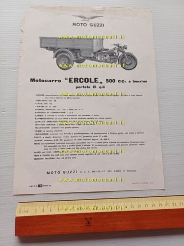 MOTO GUZZI Ercole 500 Motocarro Benzina- Metano 1957 depliant originale …