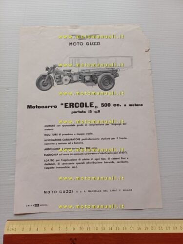 MOTO GUZZI Ercole 500 Motocarro Benzina- Metano 1957 depliant originale …