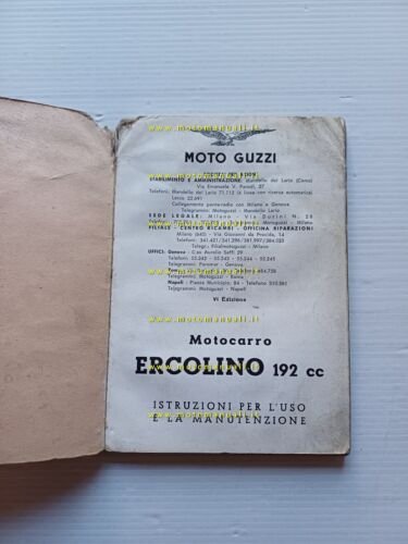 Moto Guzzi ERCOLINO 192 1960 manuale uso originale MOTOCARRO italiano