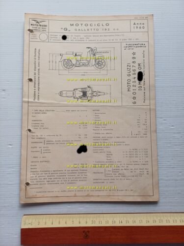 Moto Guzzi Galletto 192 1960 Facsimile originale scheda omologazione DGM