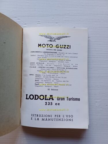 Moto Guzzi Lodola 235 Gran Turismo 1960 manuale uso libretto …
