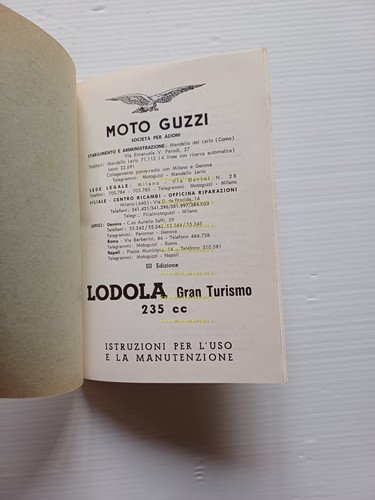 Moto Guzzi Lodola 235 Gran Turismo 1960 manuale uso libretto …