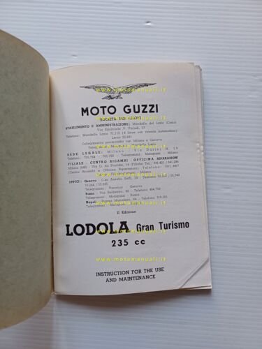 Moto Guzzi Lodola 235 GT 1960 manuale uso manutenzione libretto …