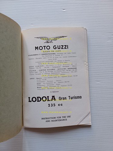 Moto Guzzi Lodola 235 GT 1960 manuale uso manutenzione libretto …