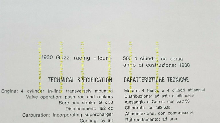 Moto Guzzi motore 500 4C 1930 Compressore scheda tecnica depliant …