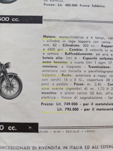 MOTO GUZZI produzione modelli 1954 depliant ITALIANO originale genuine brochure
