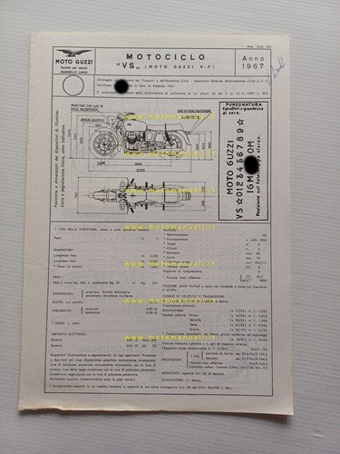 Moto Guzzi V7 700 1967 scheda omologazione DGM Motorizzazione Facsimile