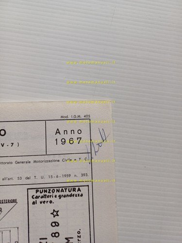 Moto Guzzi V7 700 1967 scheda omologazione DGM Motorizzazione Facsimile