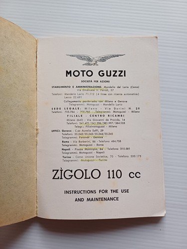 Moto Guzzi Zigolo 110 1964 manuale uso manutenzione originale TESTO …