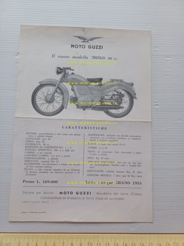 Moto Guzzi Zigolo 98 1953 depliant italiano originale