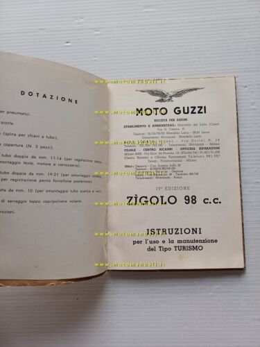 Moto Guzzi Zigolo 98 1954 manuale uso manutenzione italiano originale