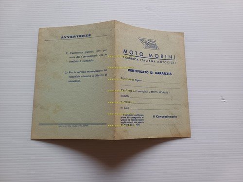Moto Morini libretto garanzia nuovo tutti modelli originale anni 60-70