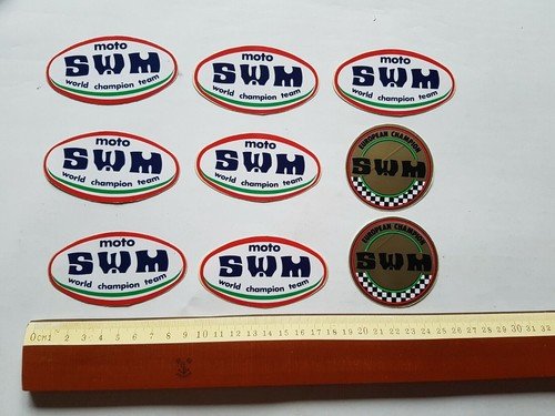 Moto SWM lotto 9 adesivi pubblicitari originali anni 70 factory …