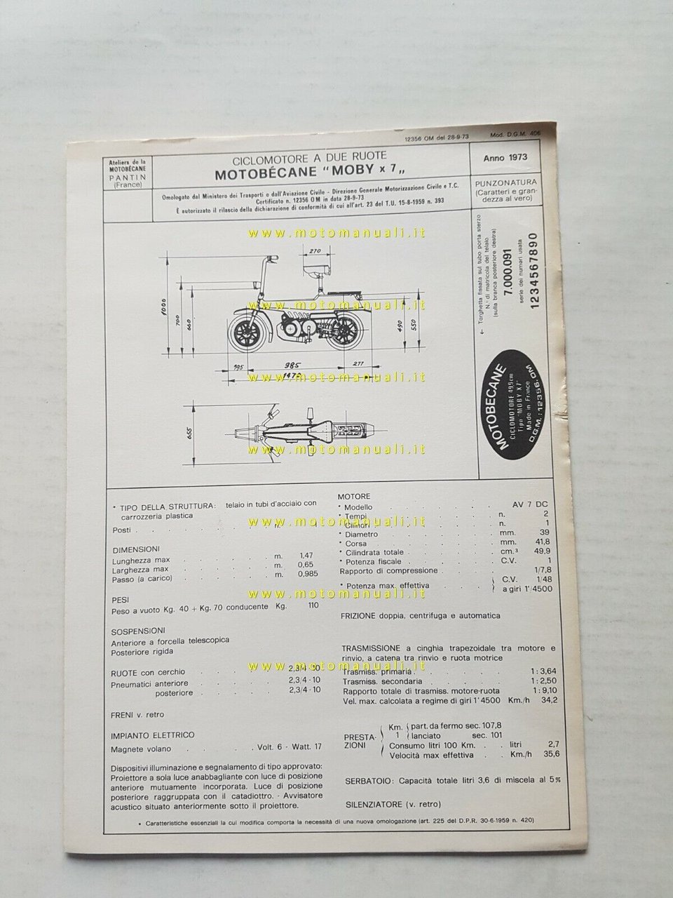Motobecane 50 Moby X7 1973 scheda omologazione DGM originale Motorizzazione