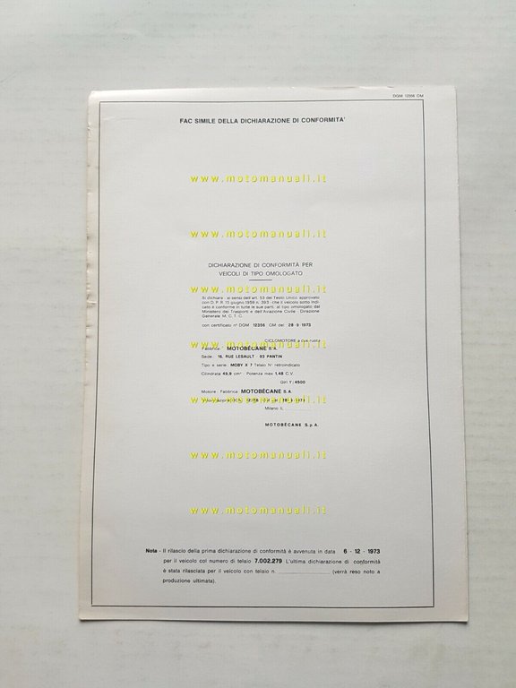 Motobecane 50 Moby X7 1973 scheda omologazione DGM originale Motorizzazione