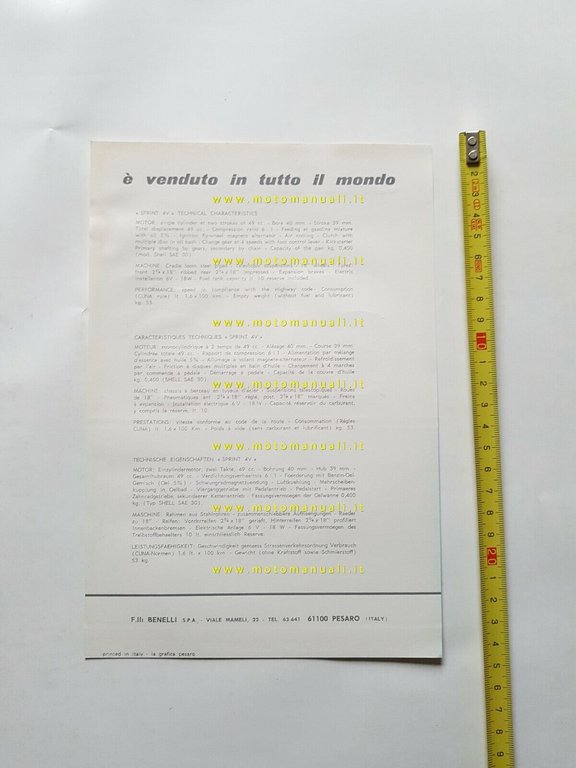 Motobi 49 Sprint 4v 1969 depliant originale ciclomotore italiano brochure