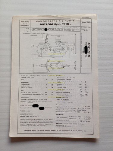 Motom 115 Daina 50 1969 Facsimile originale scheda omologazione DGM …