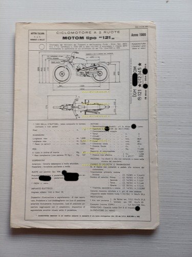 Motom 121 Cross 50 1969 Facsimile originale scheda omologazione DGM …