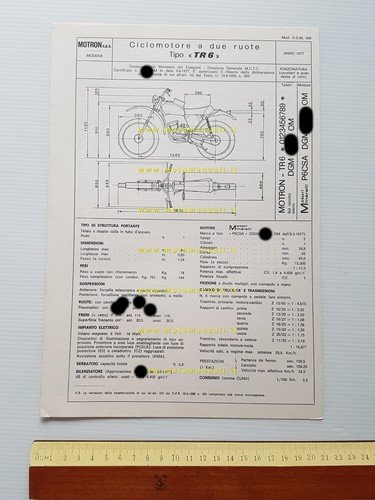 Motron 50 TR6 1977 scheda omologazione DGM Facsimile originale