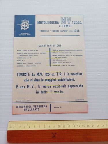 MV Agusta 125 Turismo Rapido T.R. 1956 depliant italiano originale
