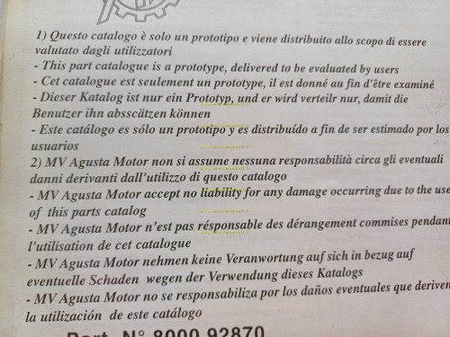 MV Agusta F4 750 1999 catalogo ricambi PROVVISORIO originale