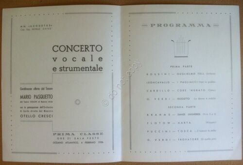 Navigazione - Nave Augustus - Programma concerto 4 febbraio 1956