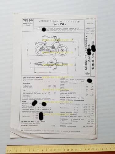 Negrini TR 50 tubone 1978 scheda omologazione DGM Facsimile originale