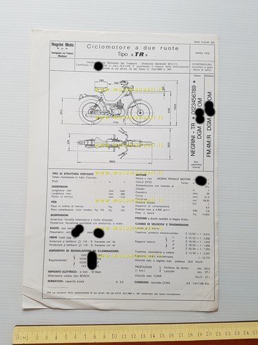 Negrini TR 50 tubone 1978 scheda omologazione DGM Facsimile originale