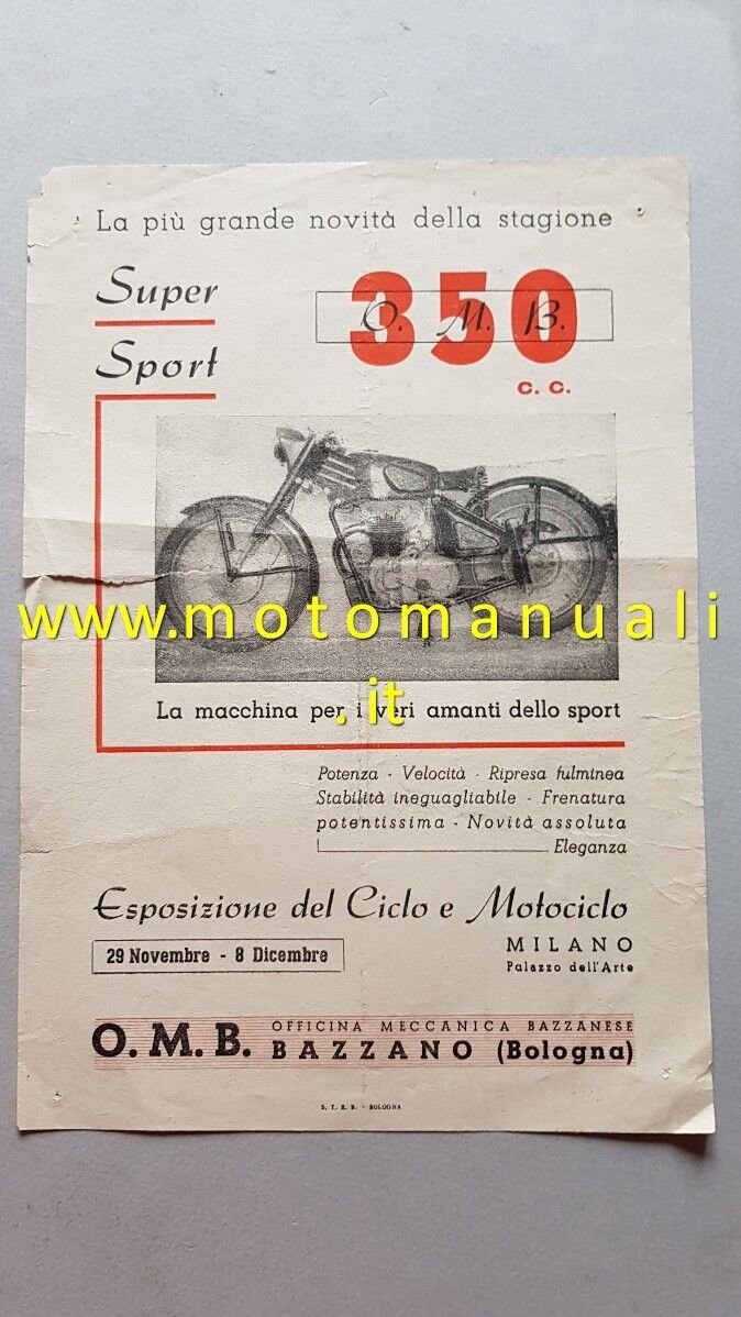 O.M.B. 350 Super Sport 1947 depliant originale genuine motorcycle brochure