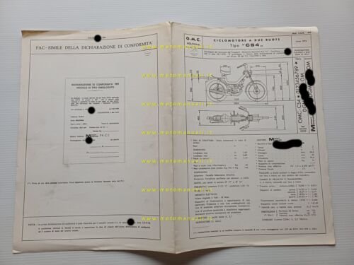 O.M.C. 50 CS4 tubone 1976 scheda omologazione DGM Facsimile originale