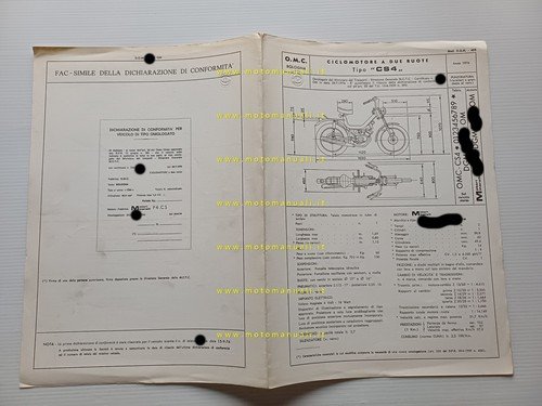 O.M.C. 50 CS4 tubone 1976 scheda omologazione DGM Facsimile originale