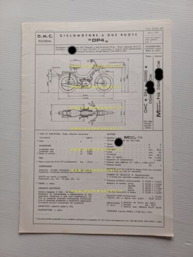 O.M.C. 50 DP4 1971 scheda omologazione DGM Motorizzazione Facsimile