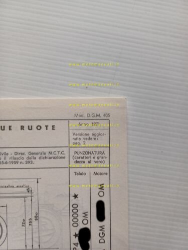 O.M.C. 50 DP4 1971 scheda omologazione DGM Motorizzazione Facsimile