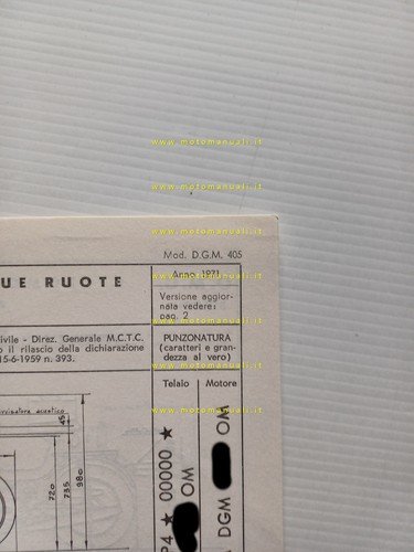 O.M.C. 50 DP4 1971 scheda omologazione DGM Motorizzazione Facsimile