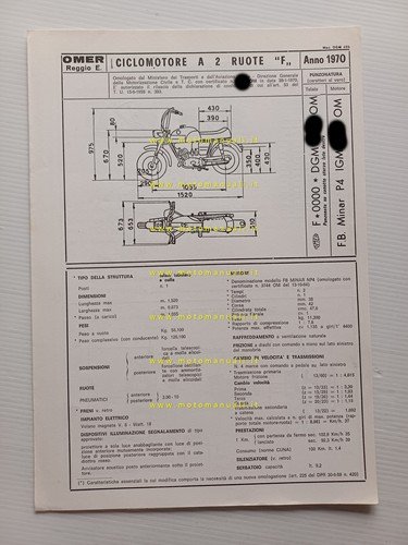 OMER 50 Flipper 1970 scheda omologazione DGM Motorizzazione Facsimile