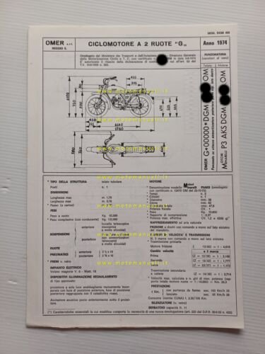 OMER 50 Giramondo 1974 scheda omologazione DGM Motorizzazione Facsimile
