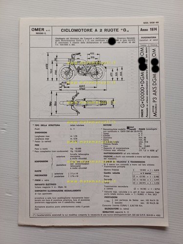 OMER 50 Giramondo 1974 scheda omologazione DGM Motorizzazione Facsimile