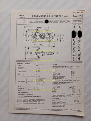 OMER 50 L4 Lory 4v 1976 scheda omologazione DGM Motorizzazione …