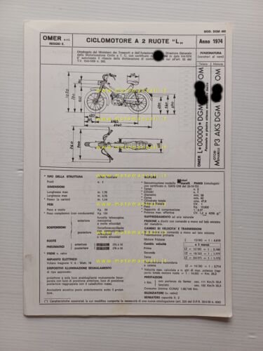 OMER 50 Lory 3V 1974 scheda omologazione DGM Motorizzazione Facsimile