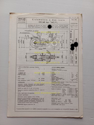 Oscar 50 College MC/P 1972 scheda omologazione DGM Motorizzazione Facsimile