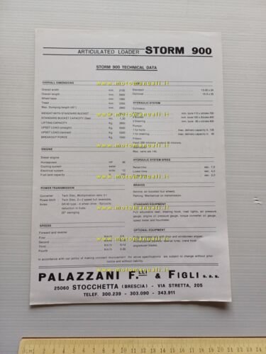 Palazzani Storm 900 Pala Caricatrice Gommata scheda tecnica depliant originale
