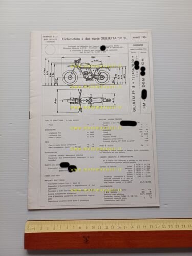 Peripoli Giulietta Monster 50 5V 1974 scheda omologazione DGM Facsimile …